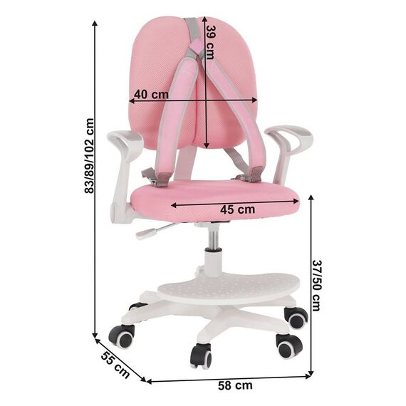 ​Scaun birou copii DacEnergy©, ergonomic, rotativ reglabil, inaltimea sezutului reglabila, suport pentru picioare cu inaltime reglabila, spatarul are curele, 58 x 55 x 83-89-102 cm, roz si alb, Culoare: Alb, Roz-poza 7-Dacenergy.ro