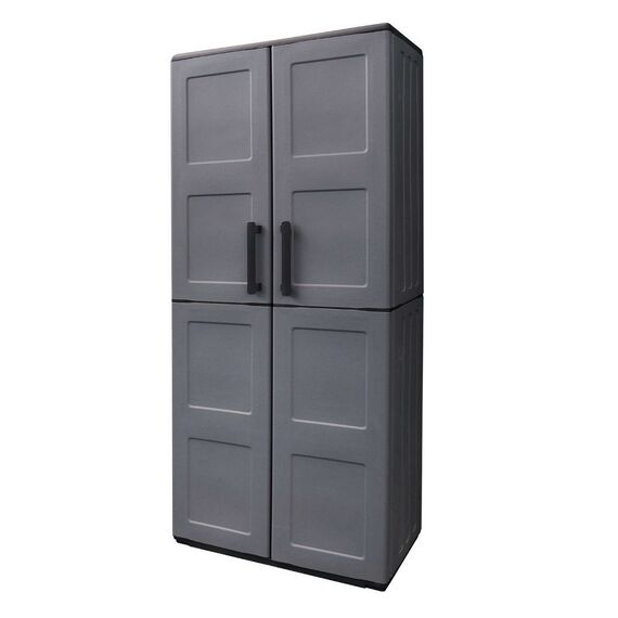 ​Dulap pentru gradina, realizat din polipropilena, balamale din otel, 2 usi, polite interioare, loc special pentru matura, 68 x 37 x 163 cm, culoarea gri antracit-Dacenergy.ro