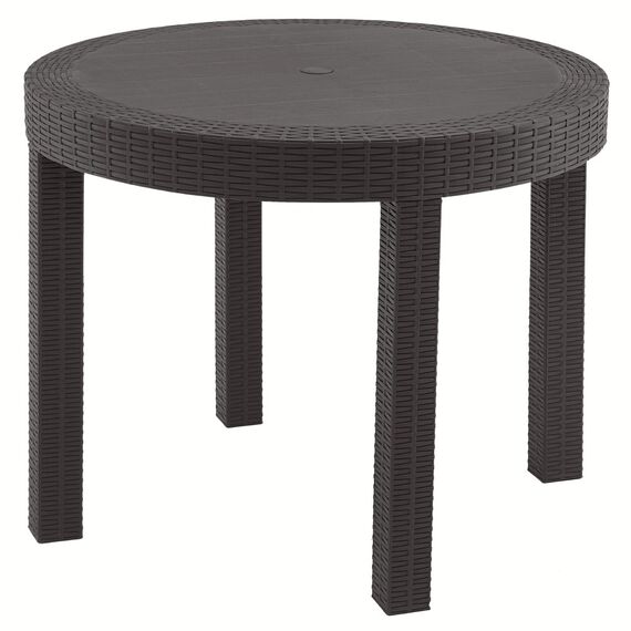 ​Masa de gradina DacEnergy©, fabricata din plastic, cu orificiu pentru umbrela, pentru 2-4 persoane, 90 x 73 cm, maro-Dacenergy.ro