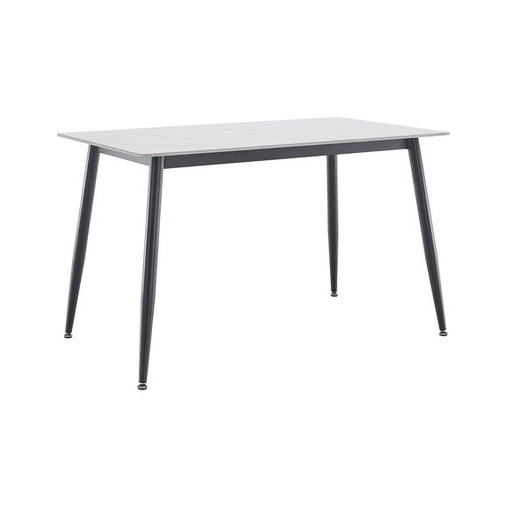 ​Masa de sufragerie DacEnergy©, blat solid, atemporal din piatra cu decor de marmura alba, picioarele din otel, pentru 4-6 persoane, 121 x 71 x 73 cm, neagra, Culoare: Alb, Negru-Dacenergy.ro