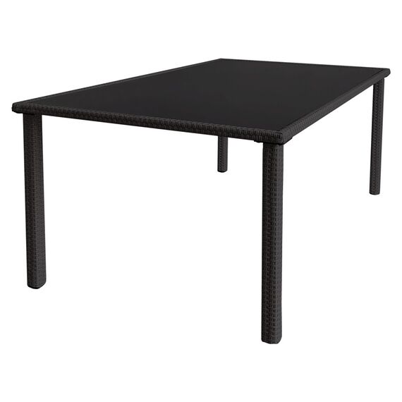 ​Masa de gradina DacEnergy©, fabricata din otel cu ratan artificial, blat din sticla securizata, fixa, pentru 4- 6 persoane, 150 x 90 x 73 cm, neagra-Dacenergy.ro