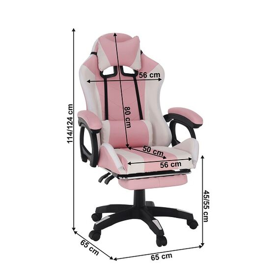 Scaun gaming DacEnergy©, structura din metal si plastic, tapitat cu imitatie piele, cu iluminare LED RGB, inaltimea si spatarul reglabil, cotiere tapitate, 65x65x114-124 cm, roz si alb-poza 2-Dacenergy.ro