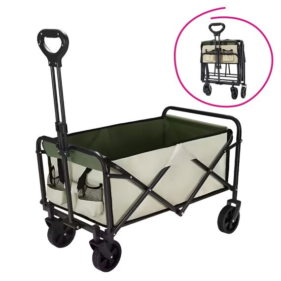 ​Carucior de transport DacEnergy©, fabricat din otel masiv si tesatura Oxford, pliabil, maner reglabil pe inaltime, 2 roti fixe si 2 pivotante, 2 buzunare laterale, 48 x 76 x 67/87 cm, bej si verde-poza 2-Dacenergy.ro