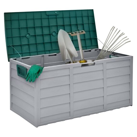 ​Cutie de depozitare pentru gradina DacEnergy©, fabricata din plastic, capac cu balamale, rezistent la intemperii si la radiatii UV, 300 l, 112 x 49 x 54 cm, gri si verde-poza 2-Dacenergy.ro