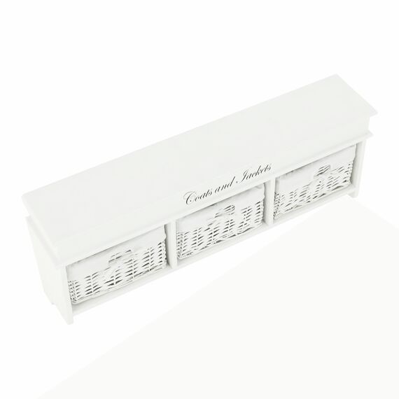 ​Cuier DacEnergy©, realizat din lemn, de perete, 5 agatatoare, 3 cosuri din rachita artificiala si textil, 100 x 40 x 20 cm, alb, Culoare: Alb deschis-poza 2-Dacenergy.ro