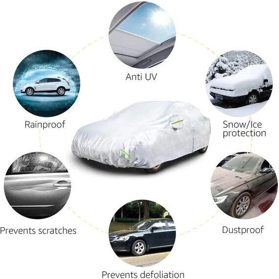 RESIGILAT: Prelata auto universala DacEnergy©, impermeabila, protectie solara, fermoar usa acces sofer, anti vant, rezistenta la zgarieturi, forma caroserie hatchback, marimea M, dimeniuni: 4.15×1.75.x1.45m-poza 2-Dacenergy.ro