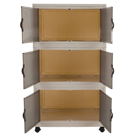 ​Dulap pliabil DacEnergy©, plastic, 3 zone de depozitare separate, cu usi transparente cu nervuri, manere, patru roti pivotante, 60,5 x 38 x 103,5 cm, alb si maro-poza 3-Dacenergy.ro