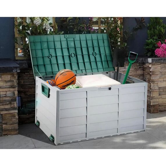 ​Cutie de depozitare pentru gradina DacEnergy©, fabricata din plastic, capac cu balamale, rezistent la intemperii si la radiatii UV, 300 l, 112 x 49 x 54 cm, gri si verde-poza 3-Dacenergy.ro