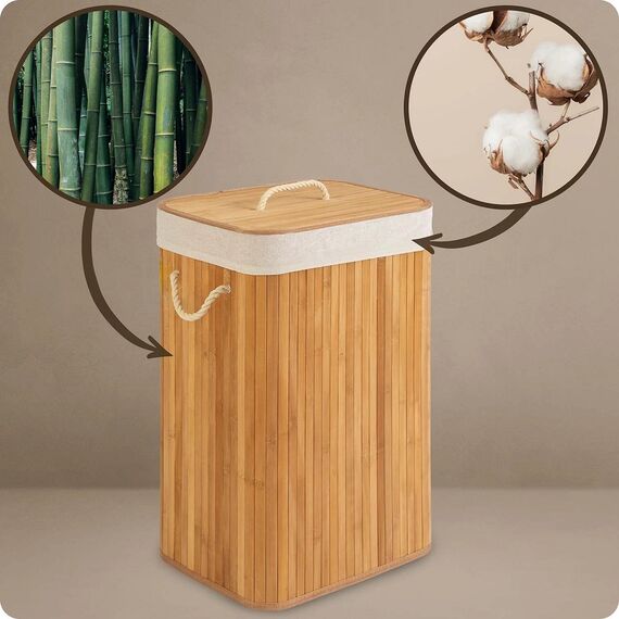 ​Cos de rufe DacEnergy©, din bambus si bumbac natural, constructie respirabila, manere functionale, cu capac, 72 l, 61 x 42 x 32 cm, natural, Culoare: Natur-poza 5-Dacenergy.ro