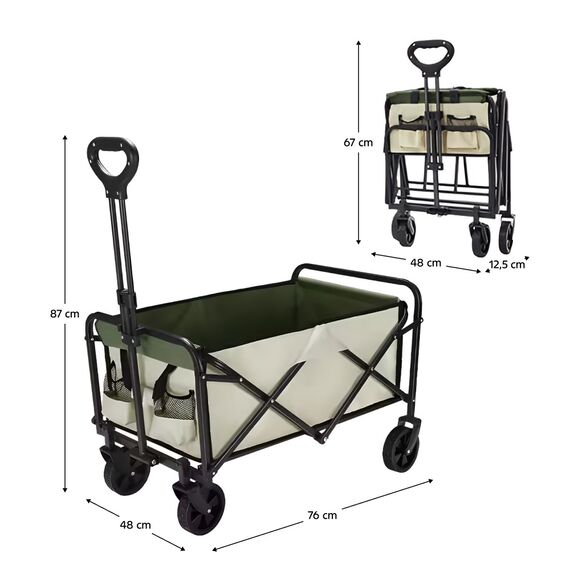 ​Carucior de transport DacEnergy©, fabricat din otel masiv si tesatura Oxford, pliabil, maner reglabil pe inaltime, 2 roti fixe si 2 pivotante, 2 buzunare laterale, 48 x 76 x 67/87 cm, bej si verde-poza 4-Dacenergy.ro