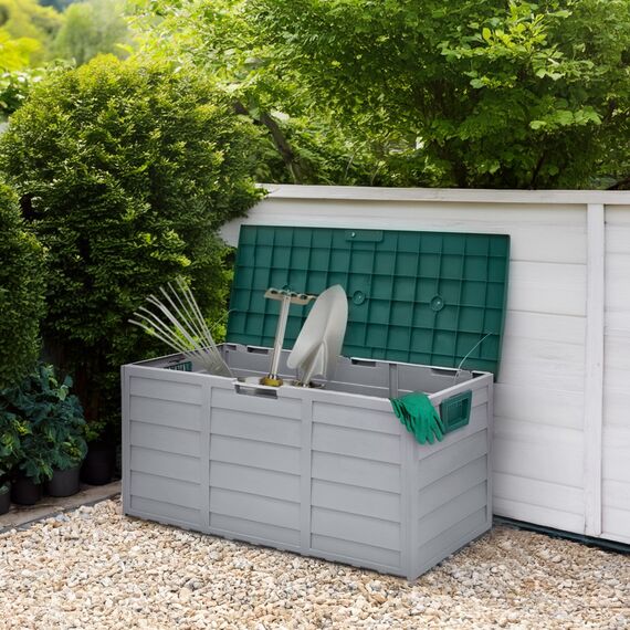 ​Cutie de depozitare pentru gradina DacEnergy©, fabricata din plastic, capac cu balamale, rezistent la intemperii si la radiatii UV, 300 l, 112 x 49 x 54 cm, gri si verde-poza 5-Dacenergy.ro