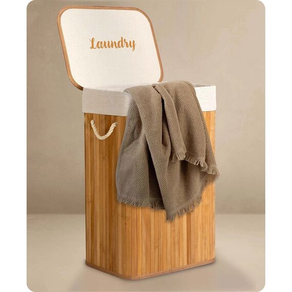 ​Cos de rufe DacEnergy©, din bambus si bumbac natural, constructie respirabila, manere functionale, cu capac, 72 l, 61 x 42 x 32 cm, natural, Culoare: Natur-poza 6-Dacenergy.ro