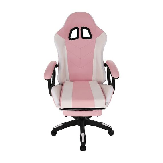 Scaun gaming DacEnergy©, structura din metal si plastic, tapitat cu imitatie piele, cu iluminare LED RGB, inaltimea si spatarul reglabil, cotiere tapitate, 65x65x114-124 cm, roz si alb-poza 6-Dacenergy.ro