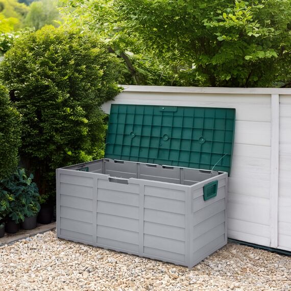 ​Cutie de depozitare pentru gradina DacEnergy©, fabricata din plastic, capac cu balamale, rezistent la intemperii si la radiatii UV, 300 l, 112 x 49 x 54 cm, gri si verde-poza 6-Dacenergy.ro