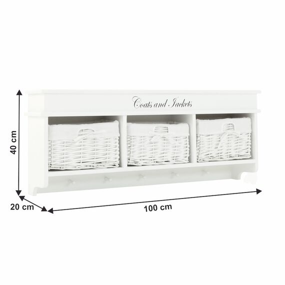 ​Cuier DacEnergy©, realizat din lemn, de perete, 5 agatatoare, 3 cosuri din rachita artificiala si textil, 100 x 40 x 20 cm, alb, Culoare: Alb deschis-poza 7-Dacenergy.ro