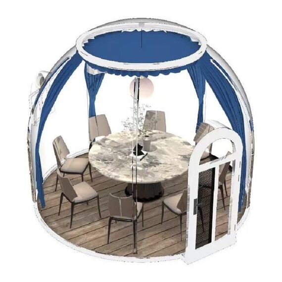​Casuta tip cupola DacEnergy©, realizata din policarbonat si aliaj aluminiu alb, banda luminoasa cu LED-uri, sistem de ventilare, plasa insecte, 3,6 x 2,8 m, draperie albastra, Forma	: Rotund, Culoare: Alb, Albastru-Dacenergy.ro