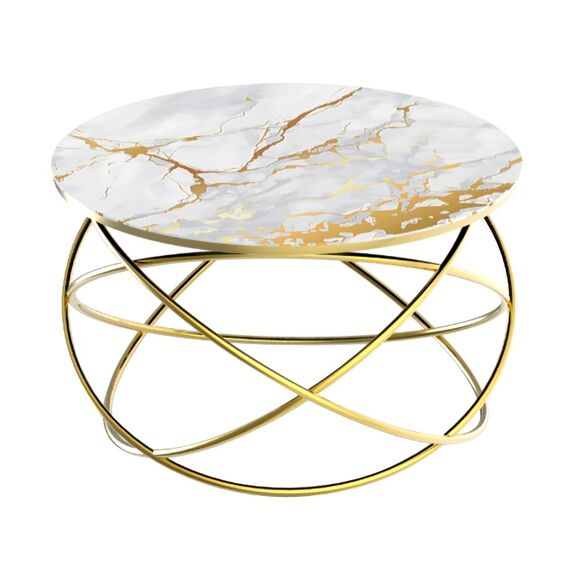 Masuta de cafea DacEnergy©, cadru metalic nichelat, sticla alba cu aspect marmorat, design unic, atractiv, forma rotunda, fixa, 75 x 45 cm, alba, Culoare: Alb, Auriu-Dacenergy.ro