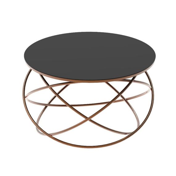 Masuta de cafea DacEnergy©, cadru metalic cromat aramiu, sticla neagra lucioasa, design unic, atractiv, forma rotunda, fixa, 75 x 45 cm, Culoare: Aramiu, Negru lucios-Dacenergy.ro