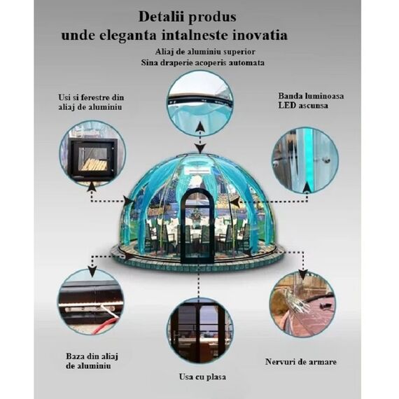 ​Casuta tip cupola DacEnergy©, realizata din policarbonat si aliaj aluminiu negru, banda luminoasa cu LED-uri, sistem de ventilare, plasa insecte, 3,6 x 2,8 m, draperie gri, Forma	: Rotund, Culoare: Negru, Gri-poza 10-Dacenergy.ro