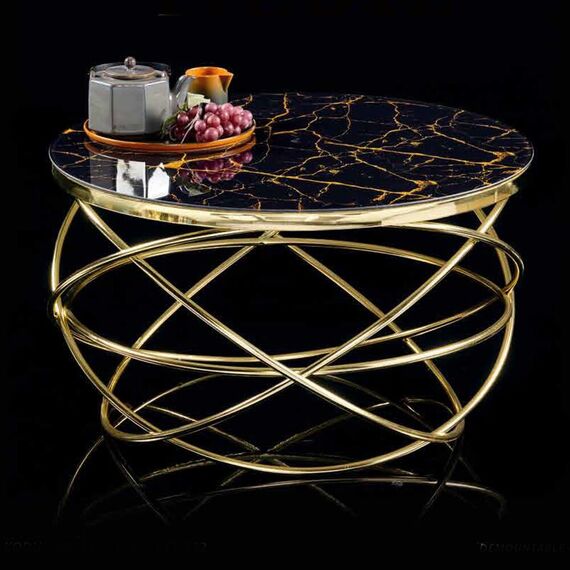 Masuta de cafea DacEnergy©, cadru metalic nichelat, sticla neagra cu aspect marmorat, design unic, atractiv, forma rotunda, fixa, 75 x 45 cm, Culoare: Nichel, Negru-poza 2-Dacenergy.ro
