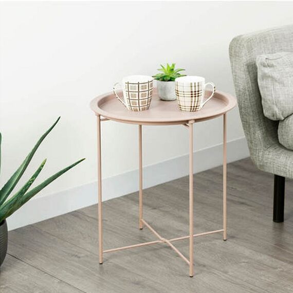 Masuta de cafea DacEnergy©, realizata din metal, design rustic, forma rotunda, 47 x 47 x 50.2, finisaj roz nude-poza 2-Dacenergy.ro