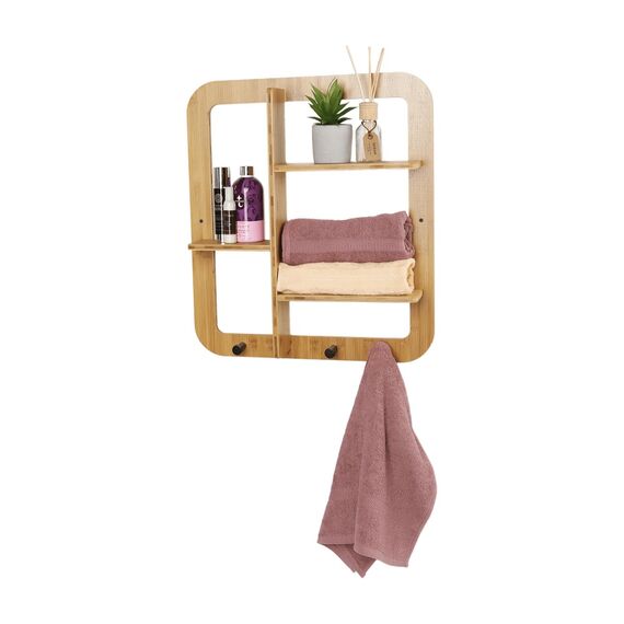 Raft DacEnergy©, realizat din bambus lacuit, forma patrata, 4 carlige, 3 rafturi, 52x59,5x10 cm, natural-poza 2-Dacenergy.ro