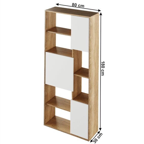 Etajera DacEnergy©, realizat din PAL laminat, 3 usi, 80x30x180 cm, multifunctional, finisaj stejar sonom si alb-poza 2-Dacenergy.ro