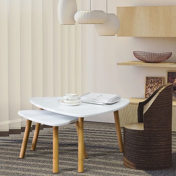 Set masuta living DacEnergy©, realizat din MDF si bambus, forma asimetrica, fixa, 60 x 60 x 40 cm, finisaj natur si alb, 2 bucati-poza 3-Dacenergy.ro