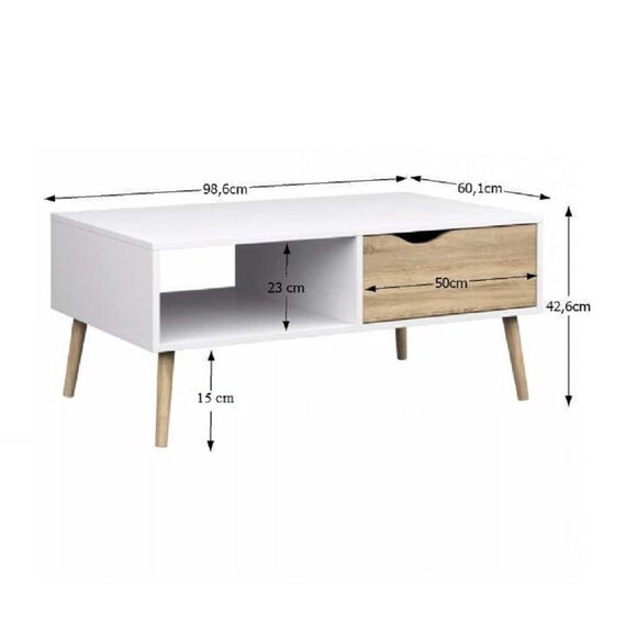 Masuta de cafea DacEnergy©, design modern, realizata din PAL laminat, 1 sertar, 1 polita, finisaj alb si stejar sonoma, 98.6 x 60.1 x 42.6 cm-poza 3-Dacenergy.ro