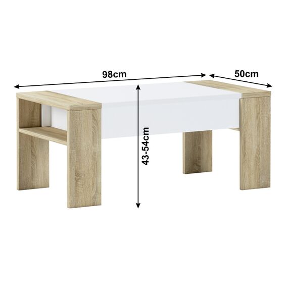 Masuta de cafea DacEnergy©, realizata din PAL melaminat, blat superior reglabil in inaltime, 98x43/54x50 cm, finisaj stejar sonoma si alb-poza 4-Dacenergy.ro