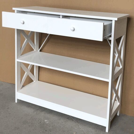 Consola pentru living DacEnergy©, realizat din MDF lacuit, doua sertare, doua rafturi, 86,6x30x80 cm, finisaj alb lacuit-poza 4-Dacenergy.ro