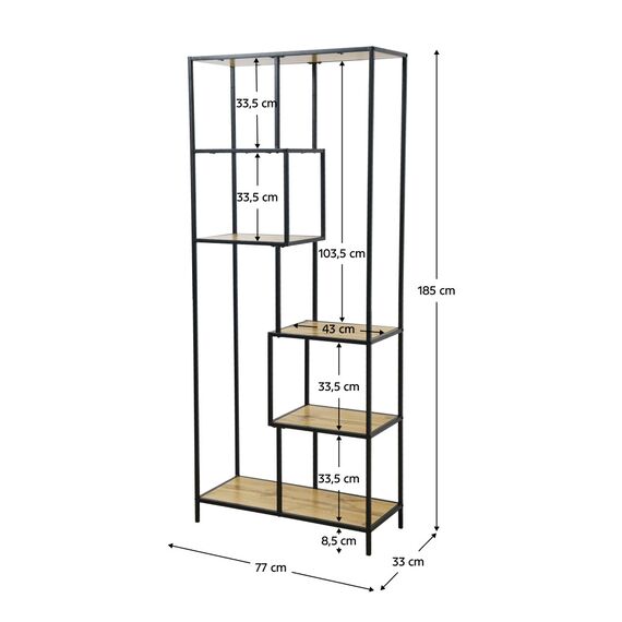 ​Etajera DacEnergy©, structura metalica, MDF laminat, aspect elegant, 6 zone de depozitare, 77 x 33 x 185 cm, capacitate de incarcare pe fiecare raft 8 kg, culoare neagra si stejar-poza 4-Dacenergy.ro