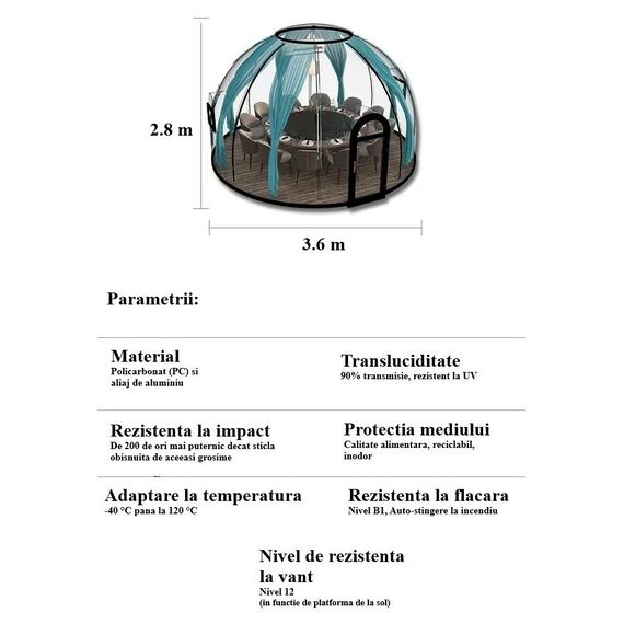 ​Casuta tip cupola DacEnergy©, realizata din policarbonat si aliaj aluminiu negru, banda luminoasa cu LED-uri, sistem de ventilare, plasa insecte, 3,6 x 2,8 m, draperie gri, Forma	: Rotund, Culoare: Negru, Gri-poza 5-Dacenergy.ro