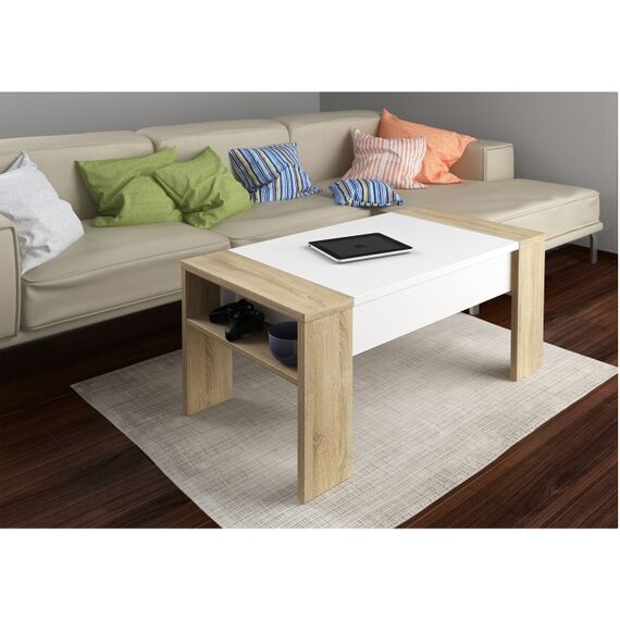 Masuta de cafea DacEnergy©, realizata din PAL melaminat, blat superior reglabil in inaltime, 98x43/54x50 cm, finisaj stejar sonoma si alb-poza 5-Dacenergy.ro