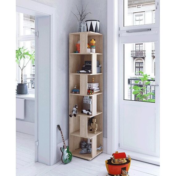 Etajera DacEnergy©, realizat din PAL laminat, 6 rafturi, de colt, multifunctional, 38x38x186,2 cm, stejar sonoma-poza 5-Dacenergy.ro