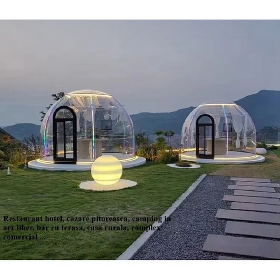 ​Casuta tip cupola DacEnergy©, realizata din policarbonat si aliaj aluminiu negru, banda luminoasa cu LED-uri, sistem de ventilare, plasa insecte, 3,6 x 2,8 m, draperie gri, Forma	: Rotund, Culoare: Negru, Gri-poza 6-Dacenergy.ro