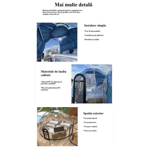 ​Casuta tip cupola DacEnergy©, realizata din policarbonat si aliaj aluminiu negru, banda luminoasa cu LED-uri, sistem de ventilare, plasa insecte, 3,6 x 2,8 m, draperie gri, Forma	: Rotund, Culoare: Negru, Gri-poza 7-Dacenergy.ro