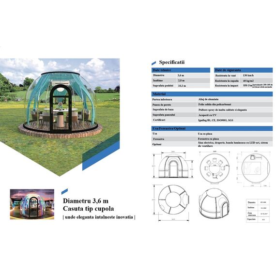 ​Casuta tip cupola DacEnergy©, realizata din policarbonat si aliaj aluminiu negru, banda luminoasa cu LED-uri, sistem de ventilare, plasa insecte, 3,6 x 2,8 m, draperie gri, Forma	: Rotund, Culoare: Negru, Gri-poza 8-Dacenergy.ro