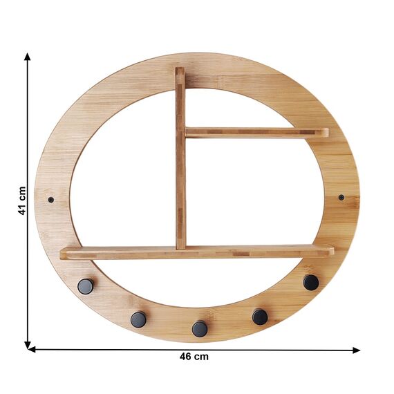 Raft DacEnergy©, realizat din bambus lacuit si otel, forma rotunda, 5 carlige, 3 rafturi, 46x10x41 cm, natural-poza 6-Dacenergy.ro