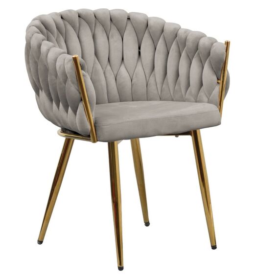 ​Fotoliu pentru sufragerie DacEnergy©, tapitat in tesatura Velvet, structura cromata in finisaj gold crom auriu, spatar si cotiere au cusute decorativ, 64 x 55 x 78 cm, gri-Dacenergy.ro