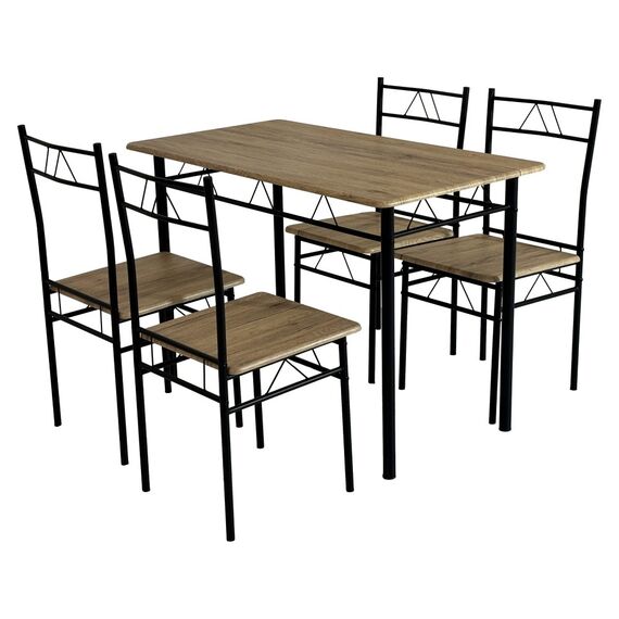 ​Set de sufragerie DacEnergy©, constructie metalica, blatul mesei si sezutul scaunelor sunt realizate din MDF, 4 scaune, o masa, 110 x 60 x 74 cm, stejar deschis si negru-Dacenergy.ro