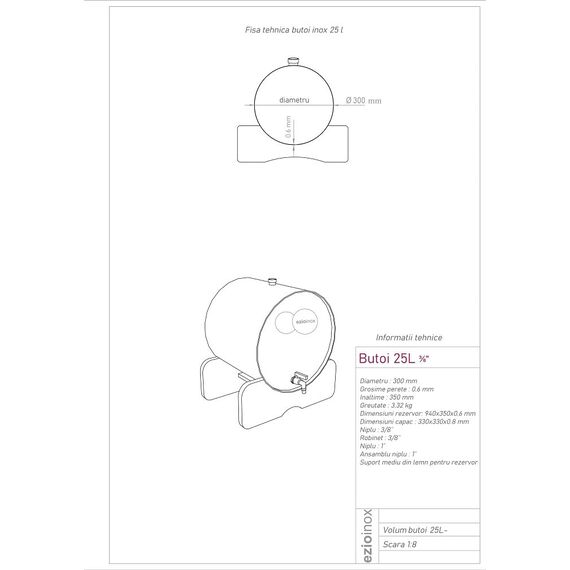 Butoi, confectionat din inox alimentar inoxidabil, forma cilindrica, robust, cu robinet si suport din lemn, 940 x 350 x 0.6 mm, 25 l, Capacitate: 25 l-poza 2-Dacenergy.ro