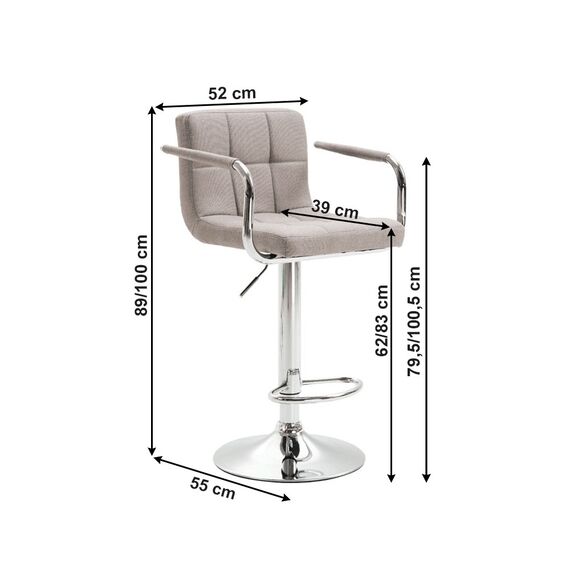 Scaun bar DacEnergy©, structura din metal cromat, sezut si spatar din material textil, cu brate, inaltime reglabila, 53x46x87.5-108.5 cm, gri taupe-poza 2-Dacenergy.ro
