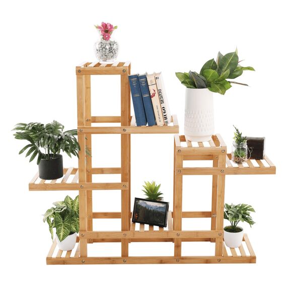 Suportul ghiveci flori DacEnergy©, fabricat din bambus lacuit, opt polite, 103.5 x 25 x 85 cm, culoare natur-poza 3-Dacenergy.ro
