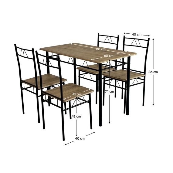 ​Set de sufragerie DacEnergy©, constructie metalica, blatul mesei si sezutul scaunelor sunt realizate din MDF, 4 scaune, o masa, 110 x 60 x 74 cm, stejar deschis si negru-poza 4-Dacenergy.ro
