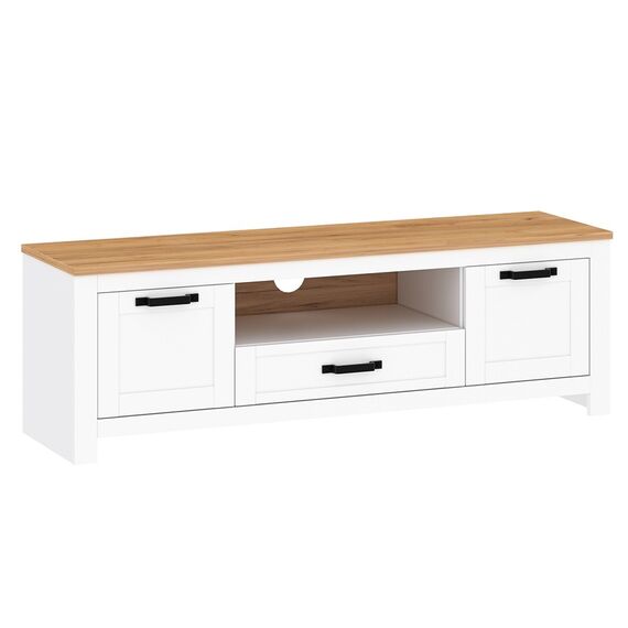 Comoda TV DacEnergy©, realizat din PAL laminat, muchii ABS, 2 dulapuri, 1 sertare, 1 spatiu deschis, cu finisaj alb si stejar craft auriu, 163.8 x 45.7 x 53.9 cm-Dacenergy.ro