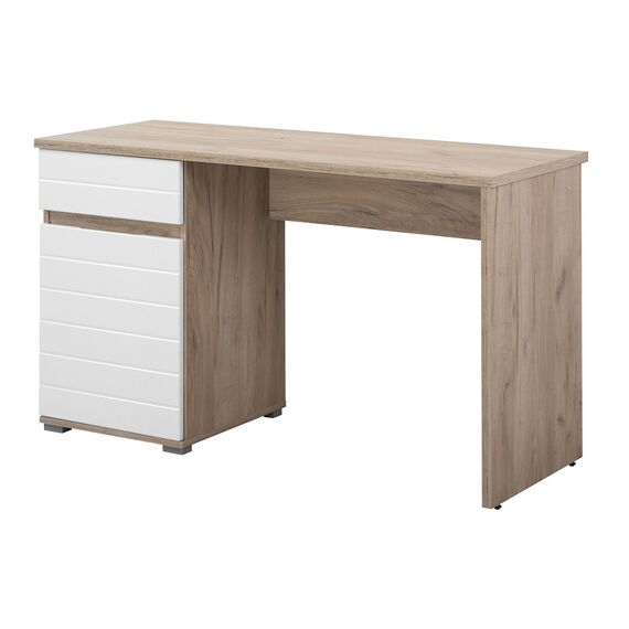 Birou DacEnergy©, din PAL melaminat si MDF infoliat, stil modern, 2 rafturi acoperite de usa, un sertar, stejar gri si folie lucioasa alba, 130 x 75.5 x 50 cm-poza 3-Dacenergy.ro