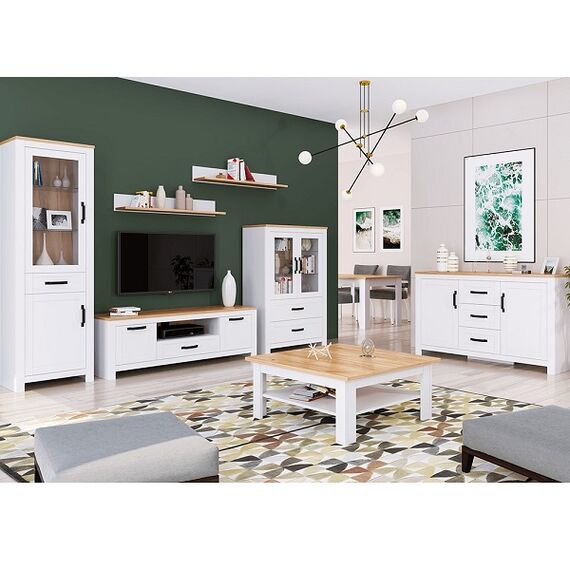Comoda TV DacEnergy©, realizat din PAL laminat, muchii ABS, 2 dulapuri, 1 sertare, 1 spatiu deschis, cu finisaj alb si stejar craft auriu, 163.8 x 45.7 x 53.9 cm-poza 4-Dacenergy.ro