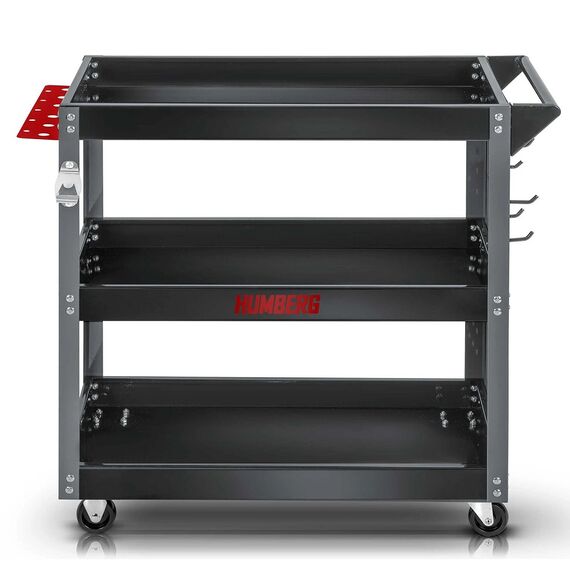 ​Carucior de scule pentru atelier Humberg, otel inoxidabil si aluminiu, 2 roti nepivotante si 2 roti rotative., 6 carlige practice, maner ergonomic pliabil, 300 kg, 80 x 35 x 73 cm-poza 5-Dacenergy.ro