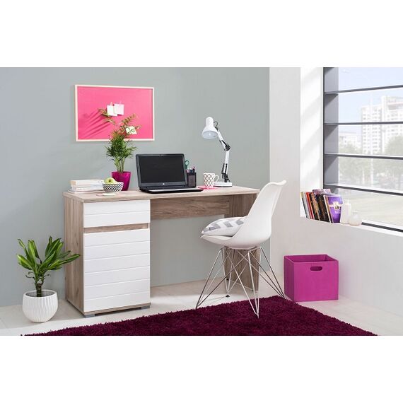 Birou DacEnergy©, din PAL melaminat si MDF infoliat, stil modern, 2 rafturi acoperite de usa, un sertar, stejar gri si folie lucioasa alba, 130 x 75.5 x 50 cm-poza 5-Dacenergy.ro